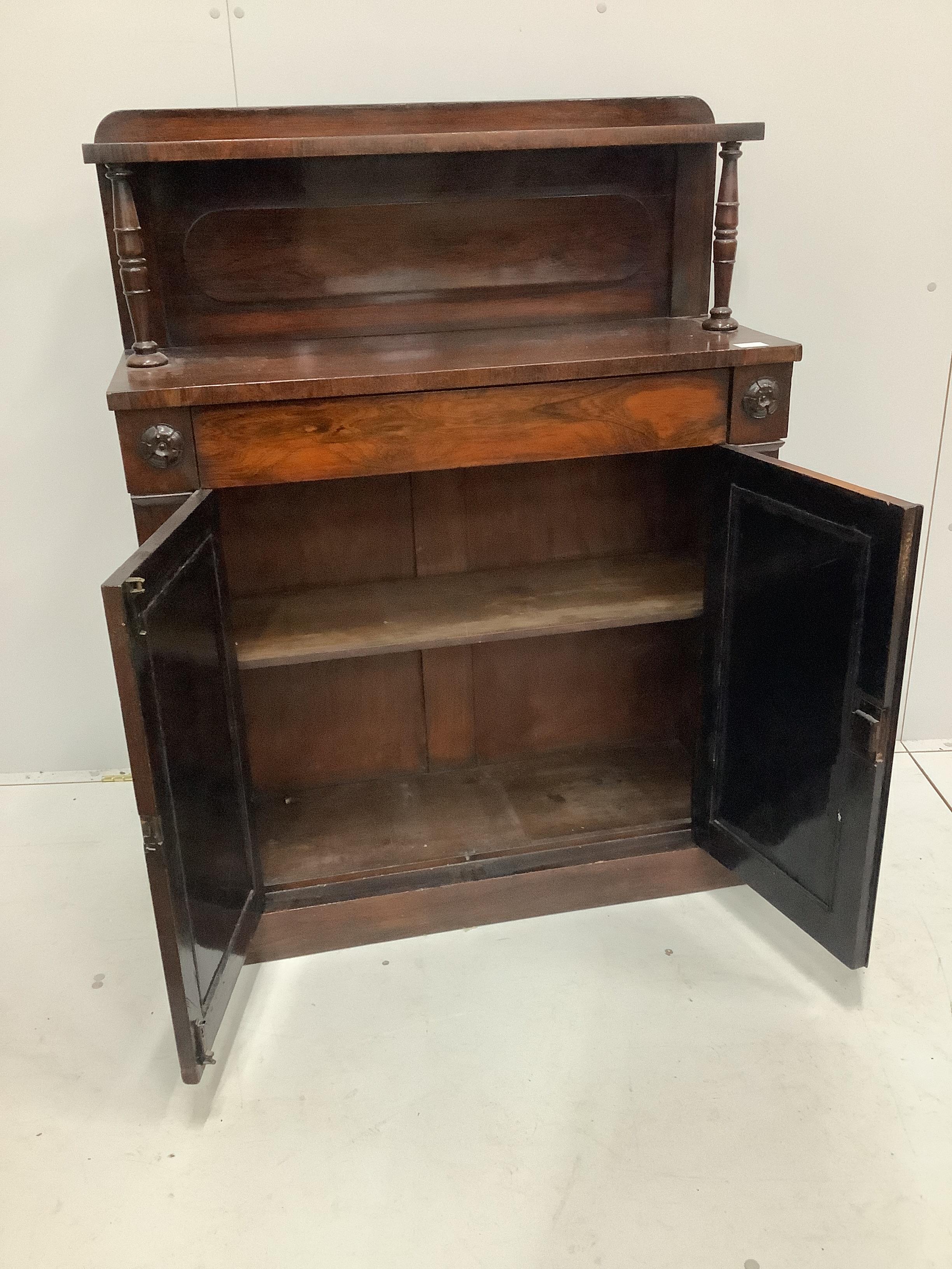 A small early Victorian rosewood chiffonier, width 92cm, depth 36cm, height 120cm